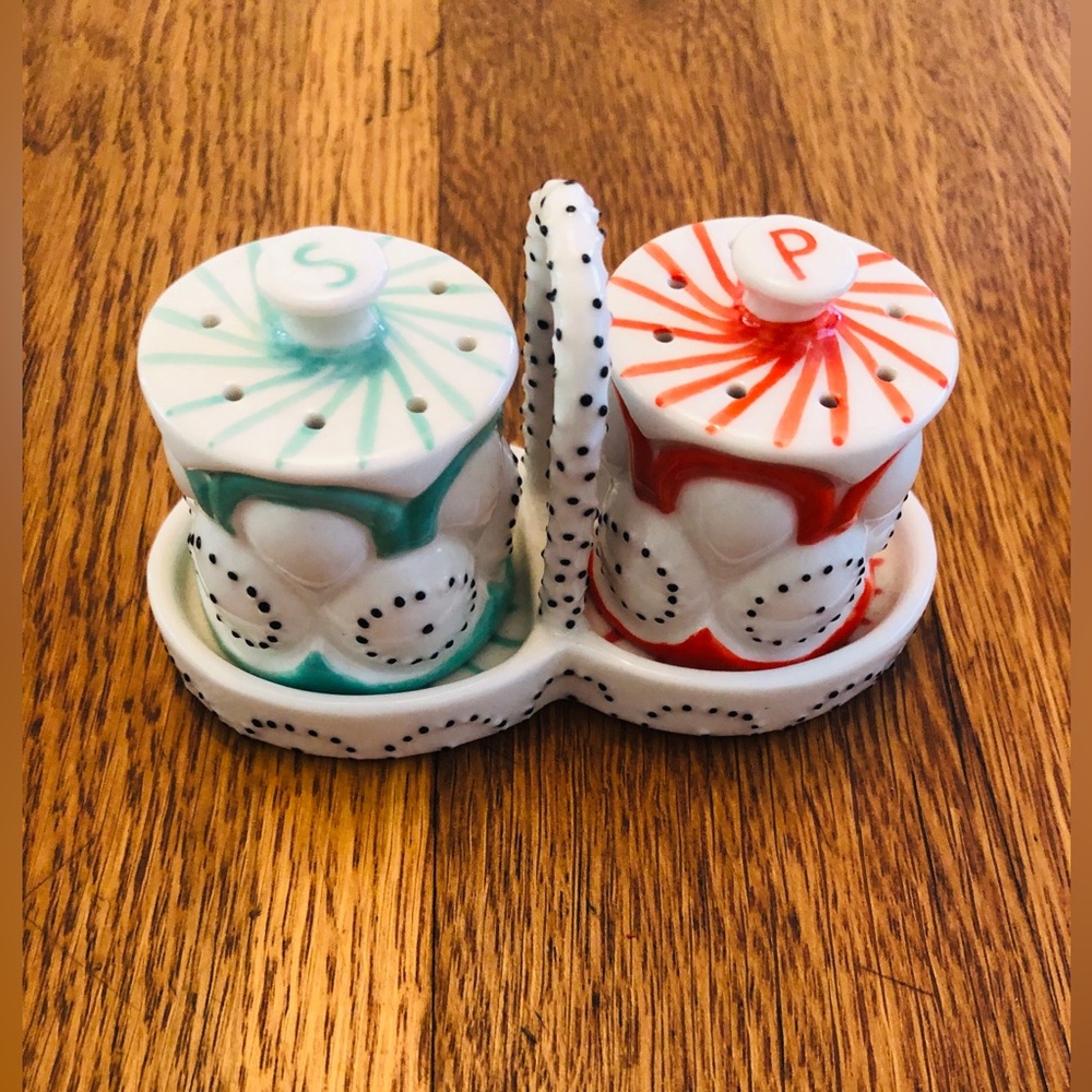 Anthropology  Brassica salt and pepper shakers with caddy